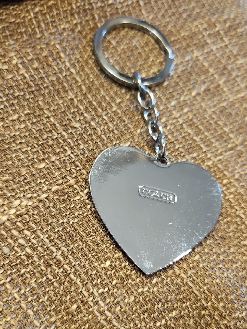 Coach Red & Silver Heart Keychain with Signature Pattern - Picture 3 of 4
